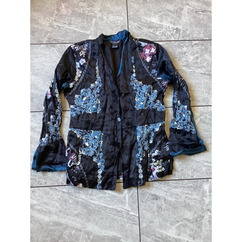 Citron Santa Monica Silk Blend Asian Floral Medallion Print Button Jacket Small